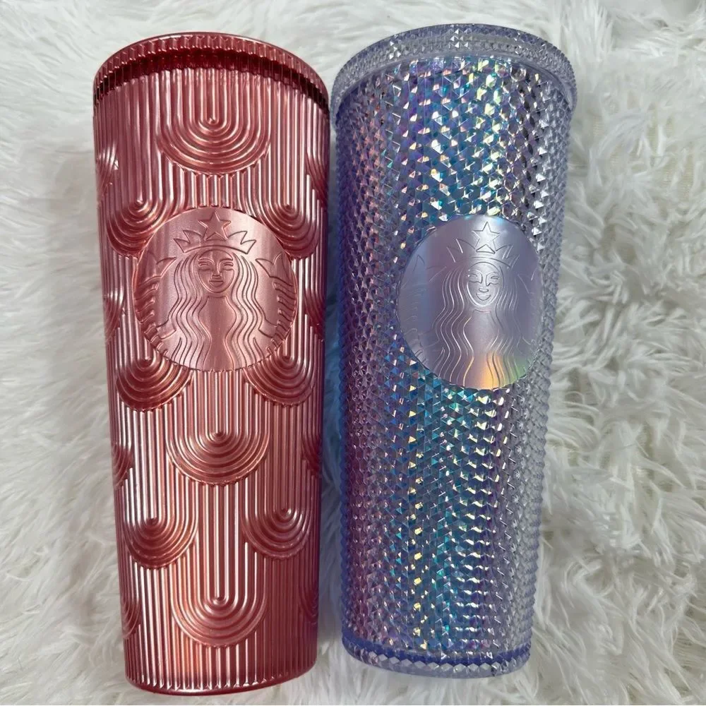 2 Starbucks 2023 Tumbler 24Oz Pink Pearl Shell Mermaid Unicorn Studded. NO STRAW